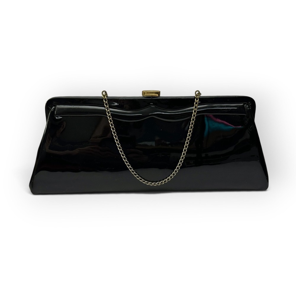 Vintage Black Patent Leather Clutch Gold Chain Strap Evening Bag Formal Handbag